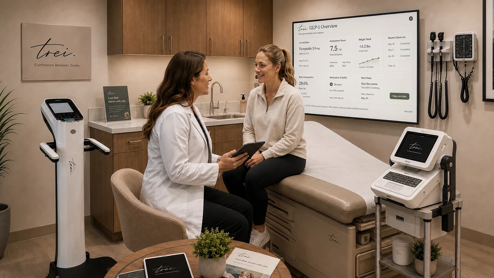 A clinician and patient reviewing progress together in a trei practice room