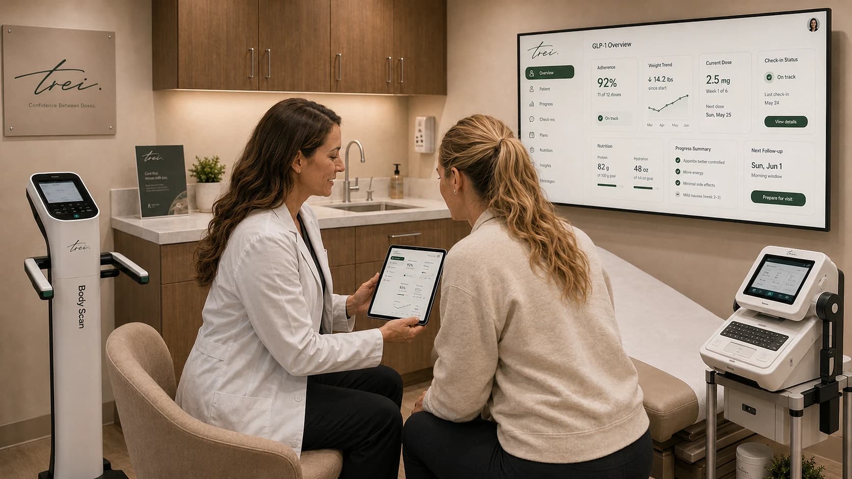A clinician reading a trei assessment with a patient in the practice room