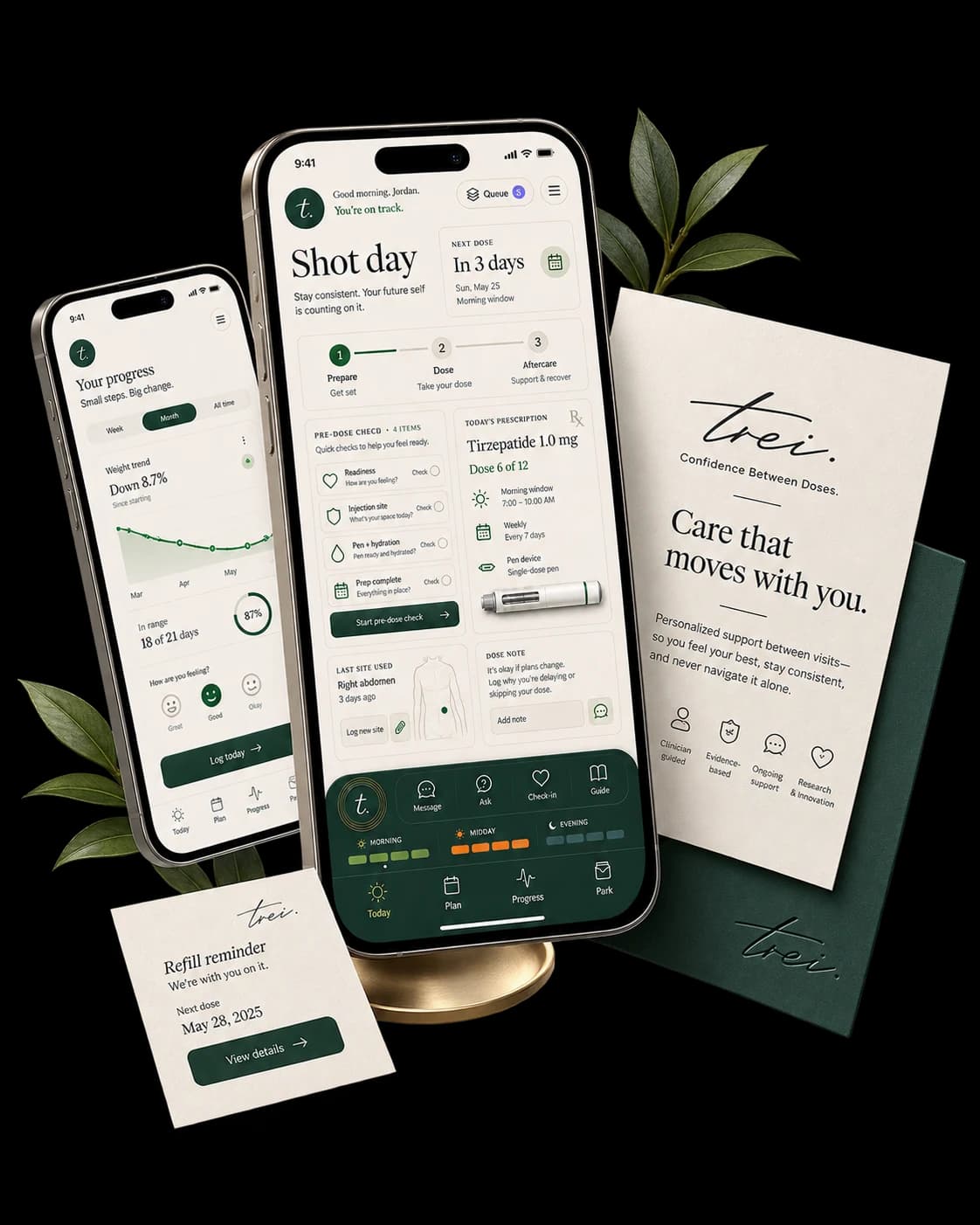 The trei program on two phones beside a printed care card