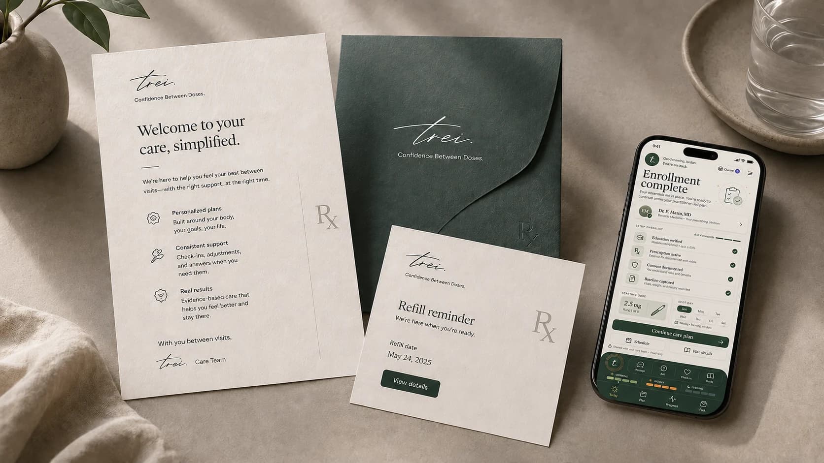 A trei welcome letter, envelope, and the enrollment screen on a phone